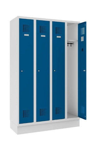 Riidekapp Classic sokliga, 4 sektsiooni – helehall / sinine