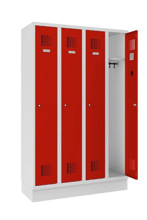 Riidekapp Classic sokliga, 4 sektsiooni – helehall / punane