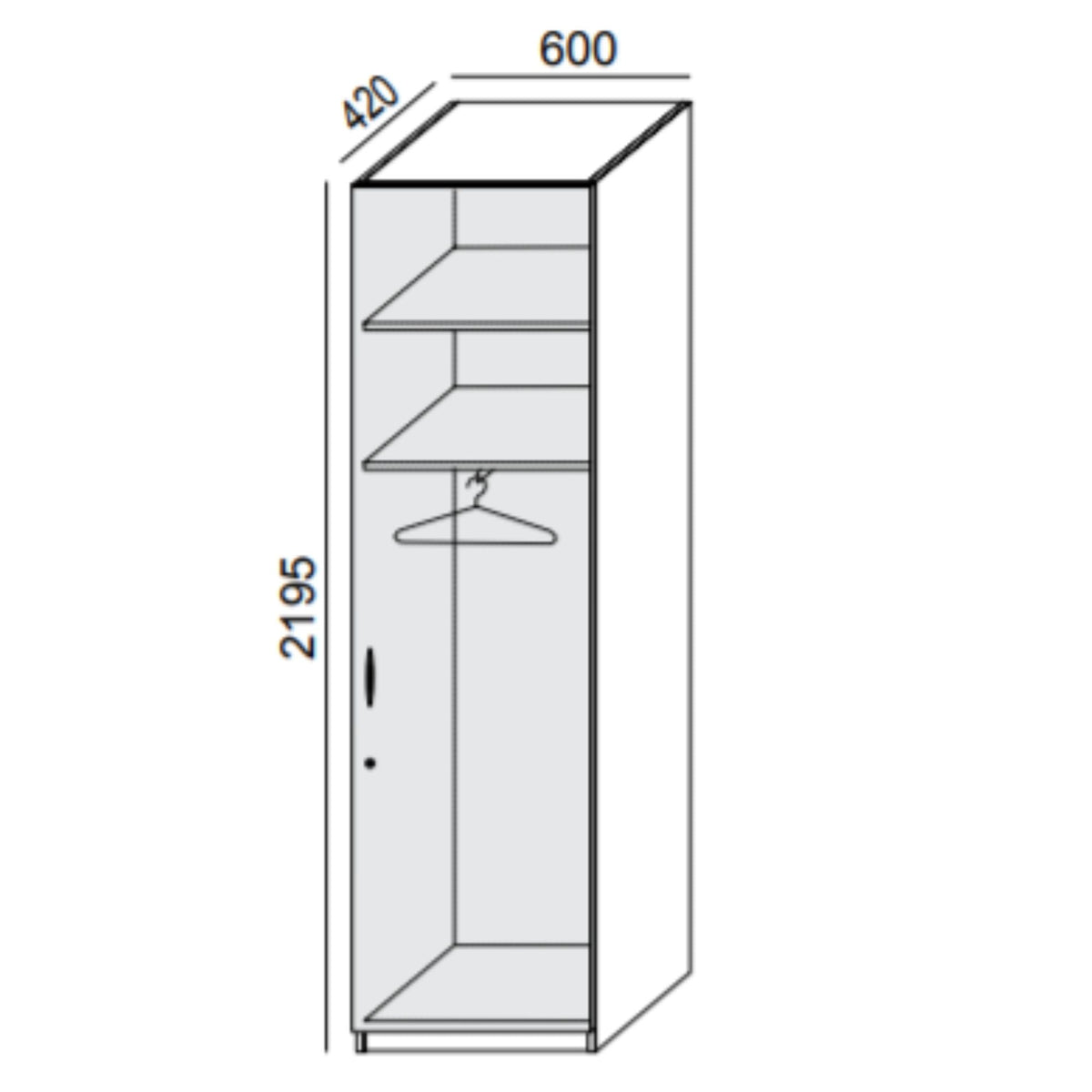 Riidekapp PRO LINE, riidepuu ja 2 riiulit, 2195x600x420 mm, alusraam, kohandatav