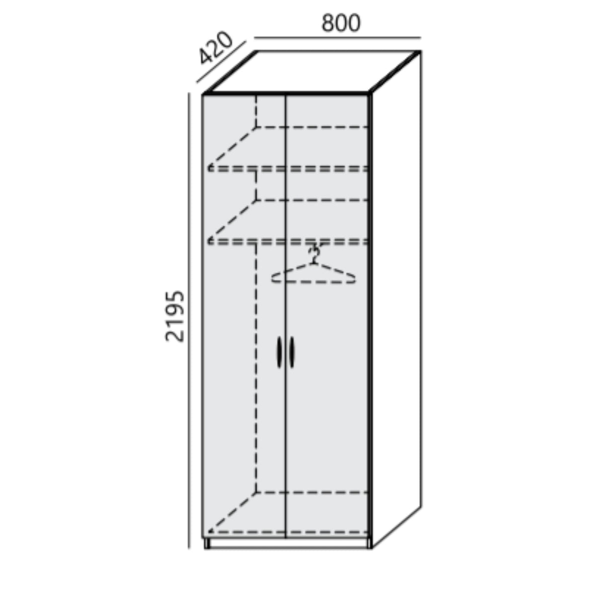 Garderobekapp PRO LINE, riidepuutoru ja 2 riiulit, 2195x800x420 mm, alusraam, konfigureeritav