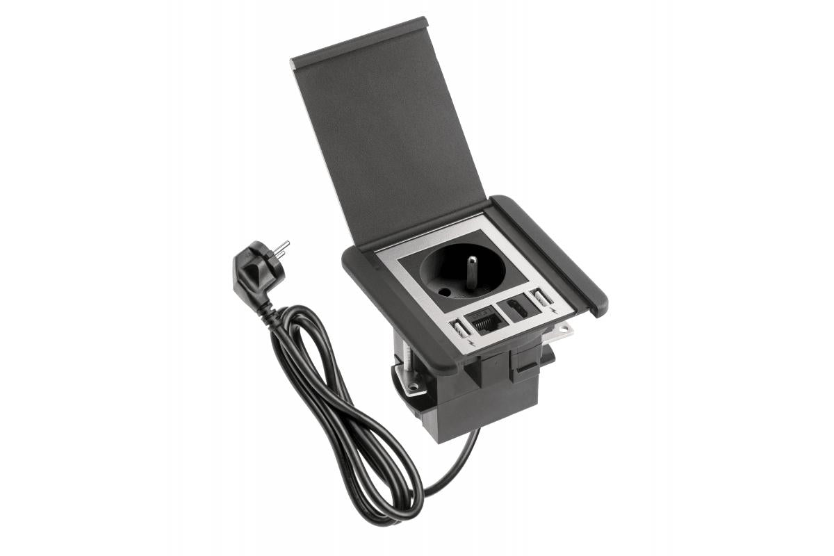 Süvistatav pistikupesa avatava kaitsekaanega, 1x SCHUKO, 2xUSB A, 1x HDMI – must