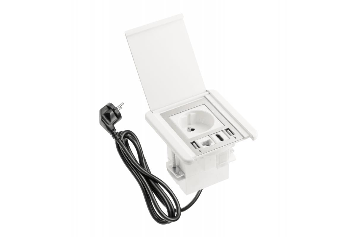 Süvistatav pistikupesa avatava kaitsekaanega, 1x SCHUKO, 2xUSB A, 1x HDMI – valge