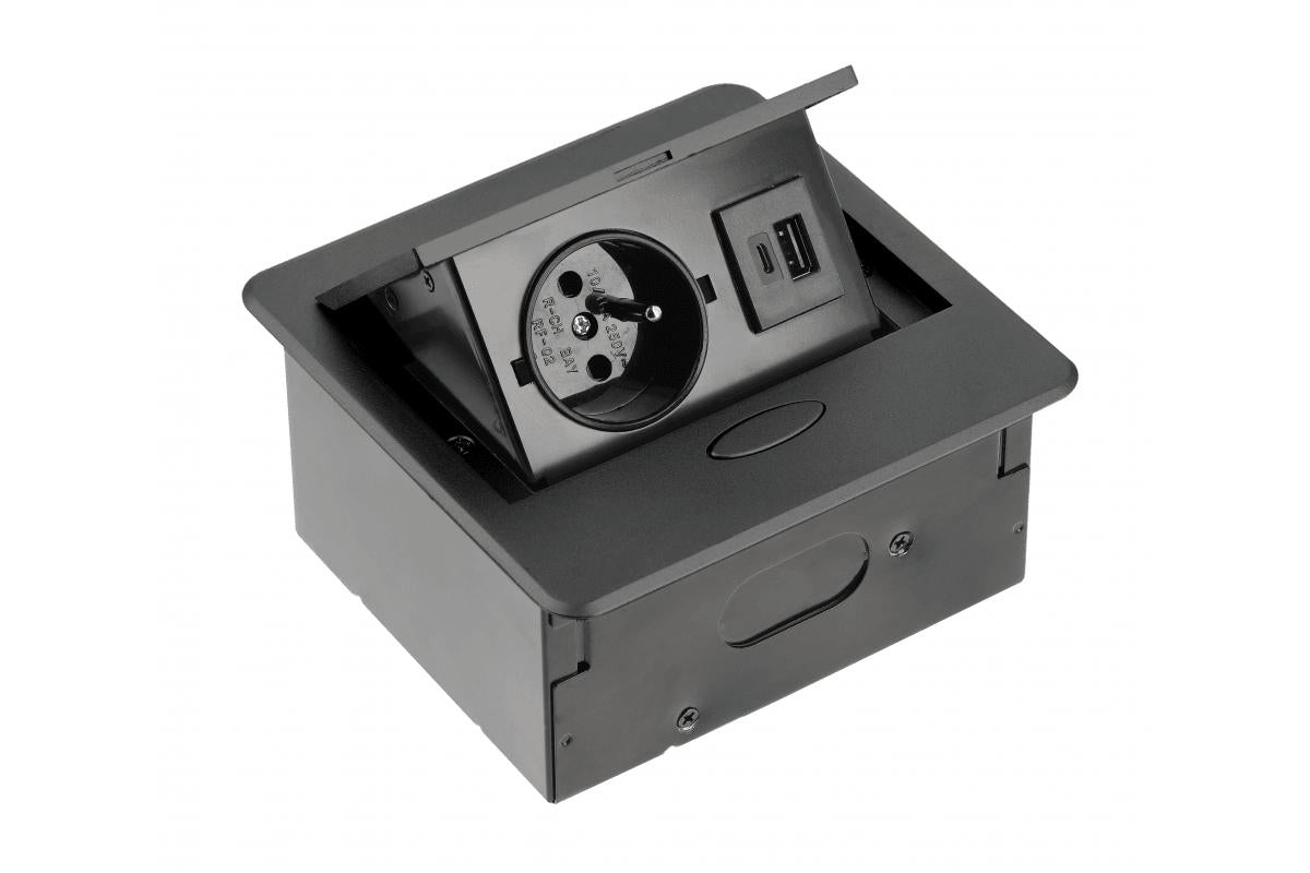 Sisseehitatav pistikupesaplokk AVARO C, 1x SCHUKO, USB A+C – must