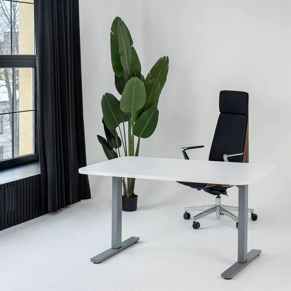Käsitsi reguleeritava kõrgusega laud Handle Line Flexx, ümardatud nurkadega – 120 x 80 cm / Valge / Hõbedane