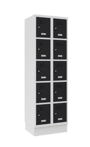 Metallkapp Classic 2R sokliga, 10 sektsiooni – helehall / must