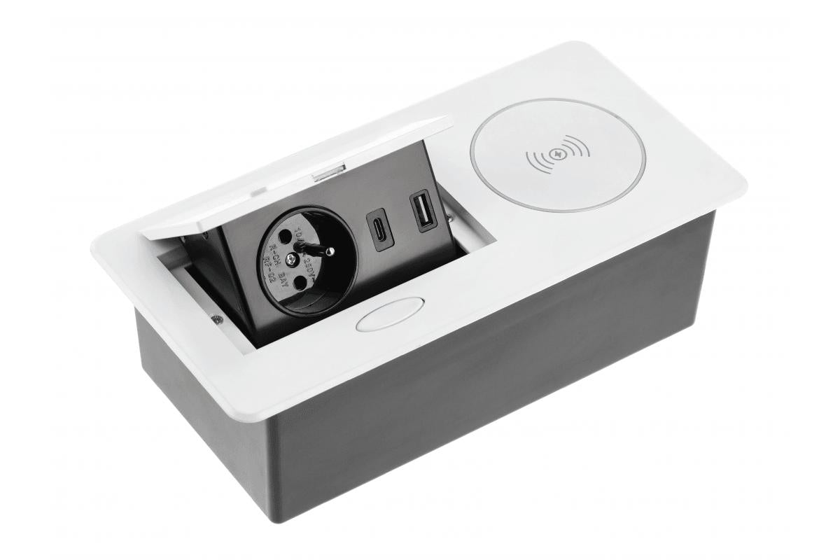 Pistikupesaplokk AVARO PLUS, 1x SCHUKO, USB A + C, 5W juhtmevaba laadija – valge