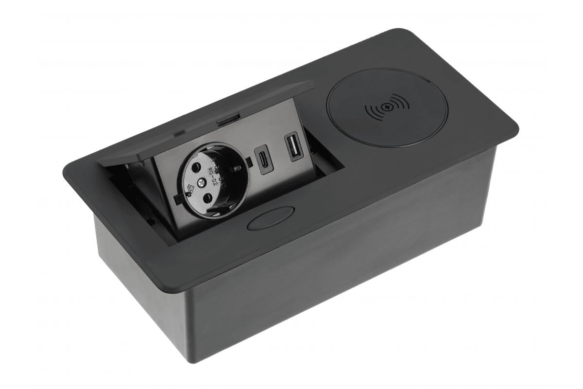 Pistikupesaplokk AVARO PLUS, 1x SCHUKO, USB A + C, 5W juhtmevaba laadija – must